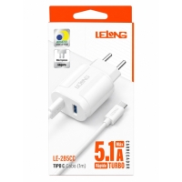 CARREGADOR USB RAPIDO 5.1A + USB-C E CABO TIPO C LE-285CC LELONG  